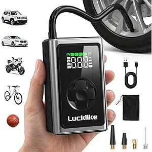 $11.39 Amazon.com: Lucklike Tire Inflator Portable Air Compressor, 150PSI Cordless Portable Air Pump for Car Tires with Pressure Gauge & LED Lights- 5X Faster Tire Pump for Car, Motorcycle, Bic