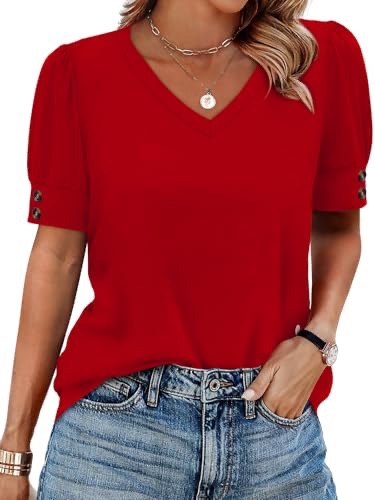 Amazon.com: Blouses for Women Dressy Casual Beach Fashion Vacation 0utfits Christmas Valentine's Day Thanksgiving Shirts V Neck Short Sleeve Spring Summer Tops Red S : Clothing, Shoes & Jewelry