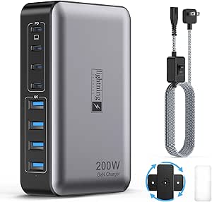 Amazon.com: USB C Fast Charger Block 200W, 8 Ports Charging Station for iPhone/Ipad/MacBook, 4C4A GaN Charger Box, Flat Plug Multi Chargers for All Devices 5ft Braided Power Cord with On/Off