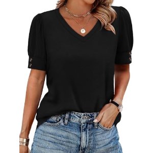 $12.99 Amazon.com: Tops for Women Trendy V Neck Short Sleeve Shirts Plus Size Women s Clothing to Hide Belly Fat Loose Fit Spring Summer Outfits Black S : Clothing, Shoes & Jewelry