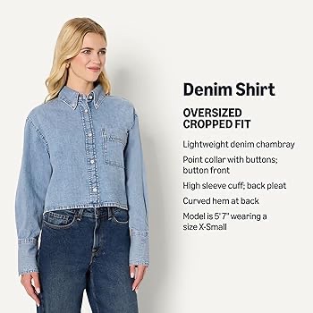 Amazon.com: Amazon Essentials Women's Modern Oversized-Fit Cropped Denim Button-Down Shirt, Icy Light Blue, Medium : Clothing, Shoes & Jewelry