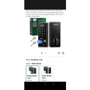 $69.99 Amazon.com: Philips Fingerprint Keyless Entry Door Lock, Electronic Door Lock with Touchscreen, Long-Lasting Battery, Auto Locking, One-Time Code, Keypad Deadbolt, One-Touch Locking, Matte Black
