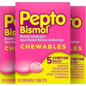 $12.09 Amazon.com: Pepto Bismol Chewable Tablets, Upset Stomach Relief, Nausea Relief, Heartburn Relief, Indigestion Relief, Anti Diarrhea Medication for Adults - 5 Symptom Relief, 90 Chewable Tablets (3x30 