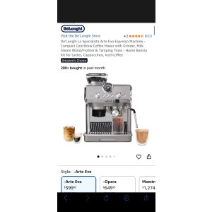 $399.95 Amazon.com: De Longhi La Specialista Arte Evo Espresso Machine - Compact Cold Brew Coffee Maker with Grinder, Milk Steam Wand/Frother & Tamping Tools - Home Barista Kit for Lattes, Cappuccinos, Iced C
