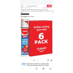 $10.97 Amazon.com: Colgate Kids Toothpaste Pump with Fluoride for Cavity Protection, Ages 6+, ADA Accepted, Bubble Fruit, 4.4 Ounce, 6 Pack : Health & Household