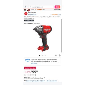 $99 CRAFTSMAN V20 Cordless Impact Wrench, 1/2 inch, Bare Tool Only (CMCF921B) - Amazon.com