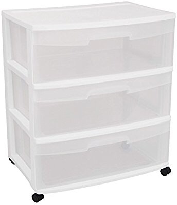 Sterilite 29308001 Wide 3 Drawer Cart, White Frame with Clear Drawers and Black Casters储物柜