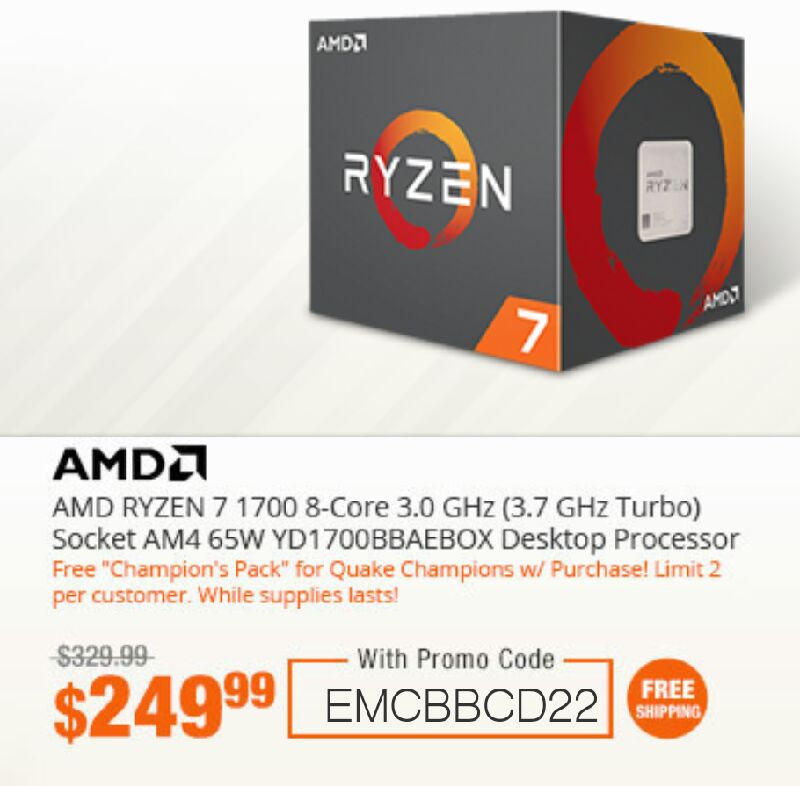 AMD RYZEN 7 1700 8-Core 3.0 GHz (3.7 GHz Turbo) 处理器