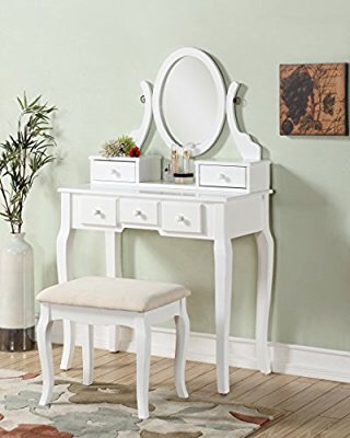 Amazon.com: Roundhill Furniture Ashley Wood Make-Up Vanity Table and Stool Set, White: Kitchen & Dining