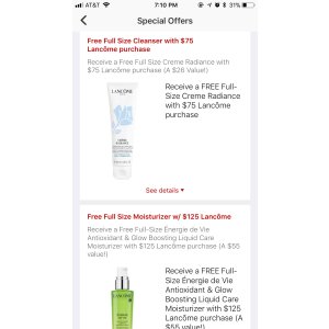 送超值5件套+满$75送洗面奶 Macy s： Lancôme 美妆护肤品  购物满额送多重礼包 满$35