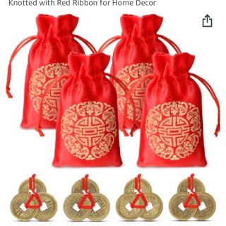 32 Pieces Chinese Fortune Coins Feng Shui Coins Good Luck Car Charm Handmade Chinese Knot Decoration Lucky Wealth Coins and 4 Pieces Red Gold Lucky Bags 3 Coins Knotted with Red Ribbon for Home Decor : Home & Kitchen