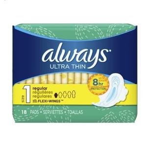Always Ultra Thin Regular Pads With Wings, Size 1, Unscented, 18 Count