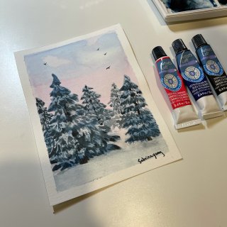 水彩绘画➡️雪夜松树林～～...