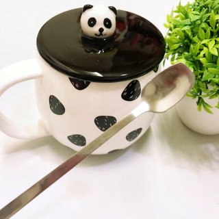 黑白熊猫陶瓷马克杯水杯咖啡杯可爱礼物 附杯盖汤匙 3.5