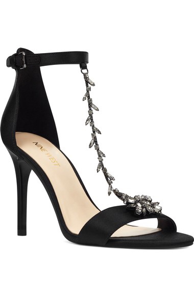 Nine West Mimosana T-Strap Sandal (Women)  黑色缎子水晶精美凉鞋