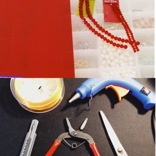 PVC纸,红色塑料珠,鱼线,美工刀,打孔钳,剪刀,热熔枪