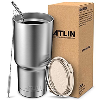 新低价 ATLIN 30 oz. 不锈钢 旅行咖啡杯+不锈钢吸管 银色款