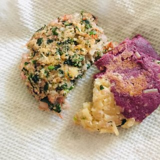 米粉意面紫薯饼,青菜米粉虾肉饼