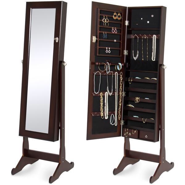Mirrored Jewelry Cabinet Armoire W/ Stand Mirror Rings 連身鏡含珠寶收納