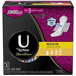 U by Kotex CleanWear Ultra Thin Pads with Wings, Regular, Unscented, 50 Count