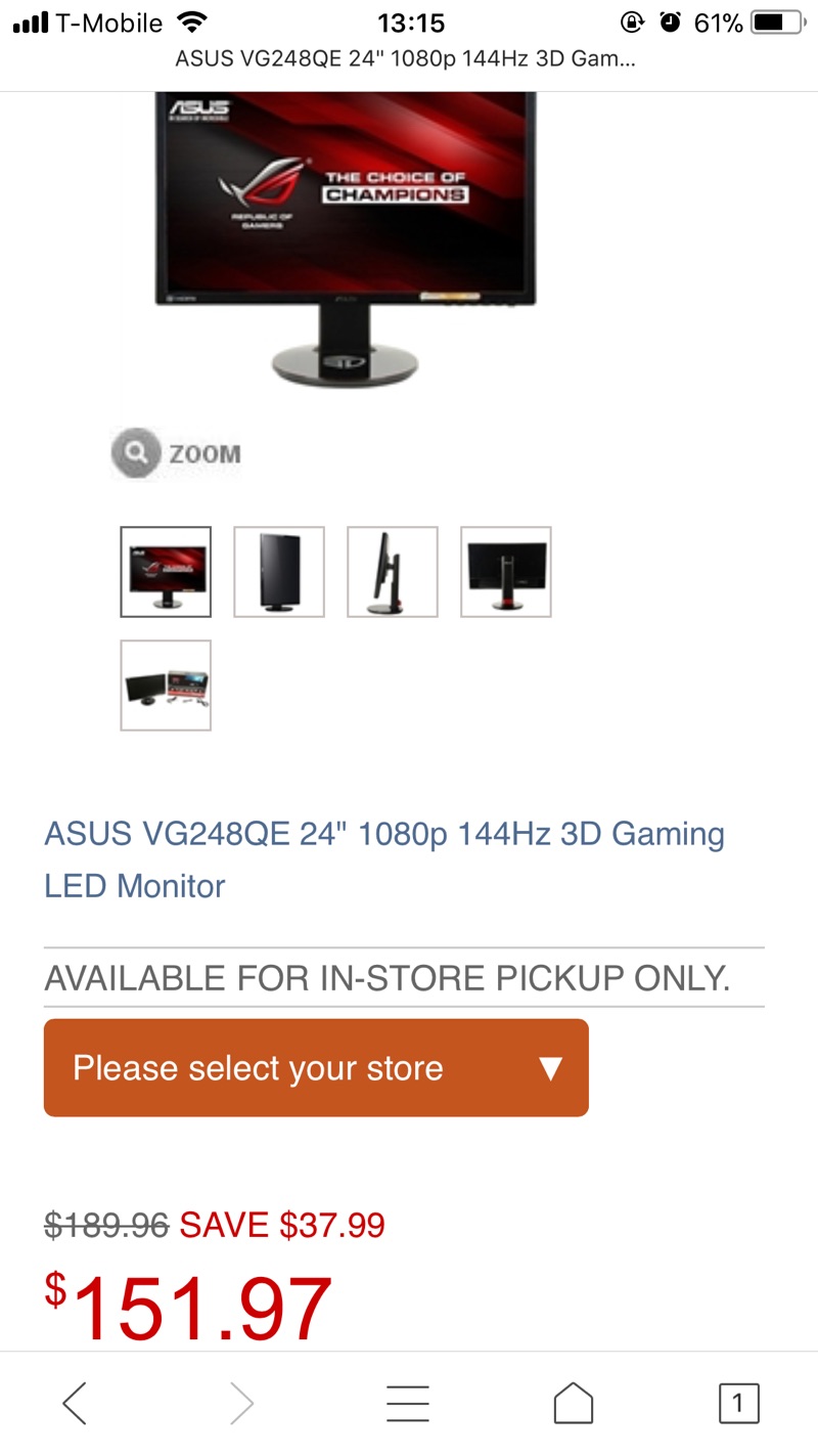 ASUS VG248QE 24" 1080p 144Hz 游戏电竞显示器