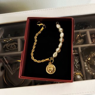 Barzel 18K Gold Plated Rope & Pearl Bracelet with Coin Charm - Made in Brazil: Clothing, Shoes & Jewelry