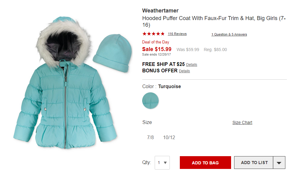 Weathertamer女童外套+帽子
