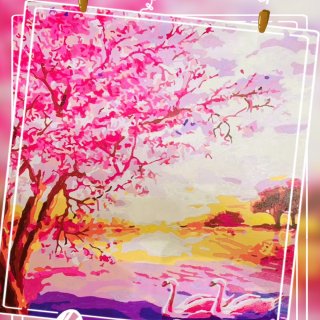 数字油画🌄日落中的樱花树和湖上天鹅🦢...