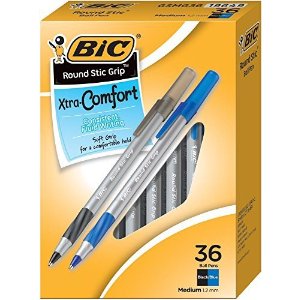 BIC Round Stic Grip Xtra Comfort Ball Pen, Medium Point (1.2 mm), Black and Blue Ink, 36-Count