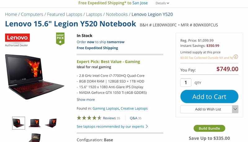 Lenovo 15.6" Legion Y520 笔记本电脑