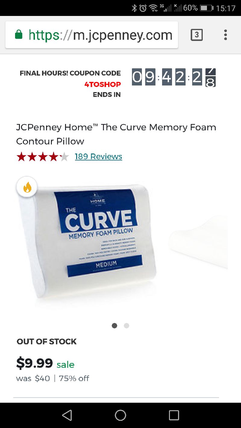 JCPenney Curve 多size记忆枕头，6.99-10.49 还有10小时