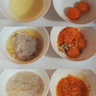 步骤图,1、蛋液分离,2、剁碎的虾仁和干贝放入蛋清，姜末和捣碎的咸蛋黄放入蛋黄,3、分别拌匀