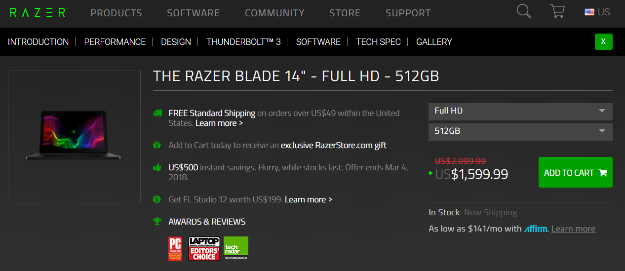雷蛇14 寸 The New Razer Blade 512G Full HD