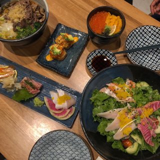 Spicy salmon on crispy rice,Uni Ikura mini don,Toro trio omakase,sashimi salad