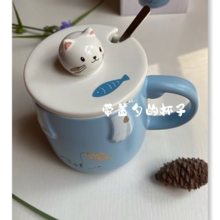 可爱超萌猫咪陶瓷马克杯 大容量 带盖勺 蓝色15oz 3.25