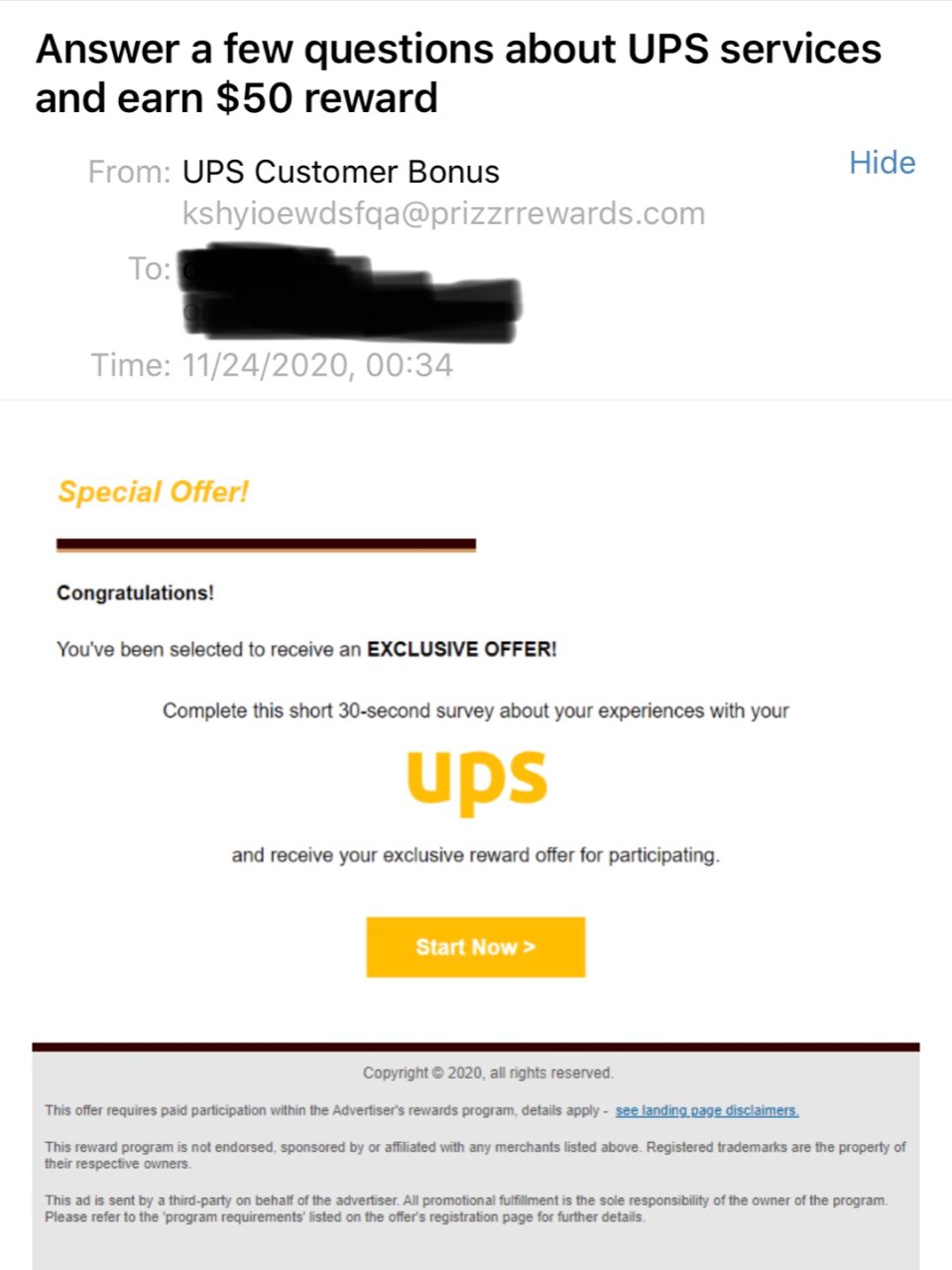 千万小心，UPS邮件诈骗...