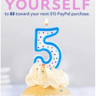 Paypal生日$5 off $15...