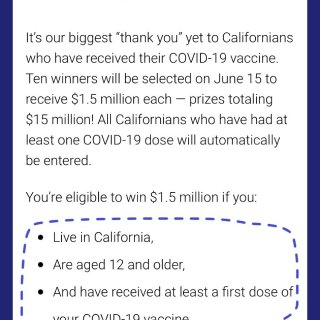 打疫苗的各位加州居民，準備好中樂透了嗎？...