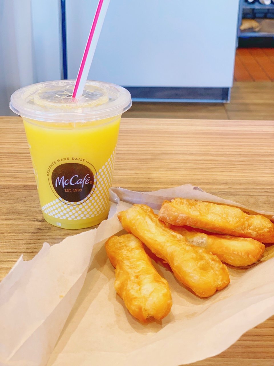 McDonald's 麦当劳,Donut Sticks,orange juice,1.89美元,麦当劳油条,周三饭事