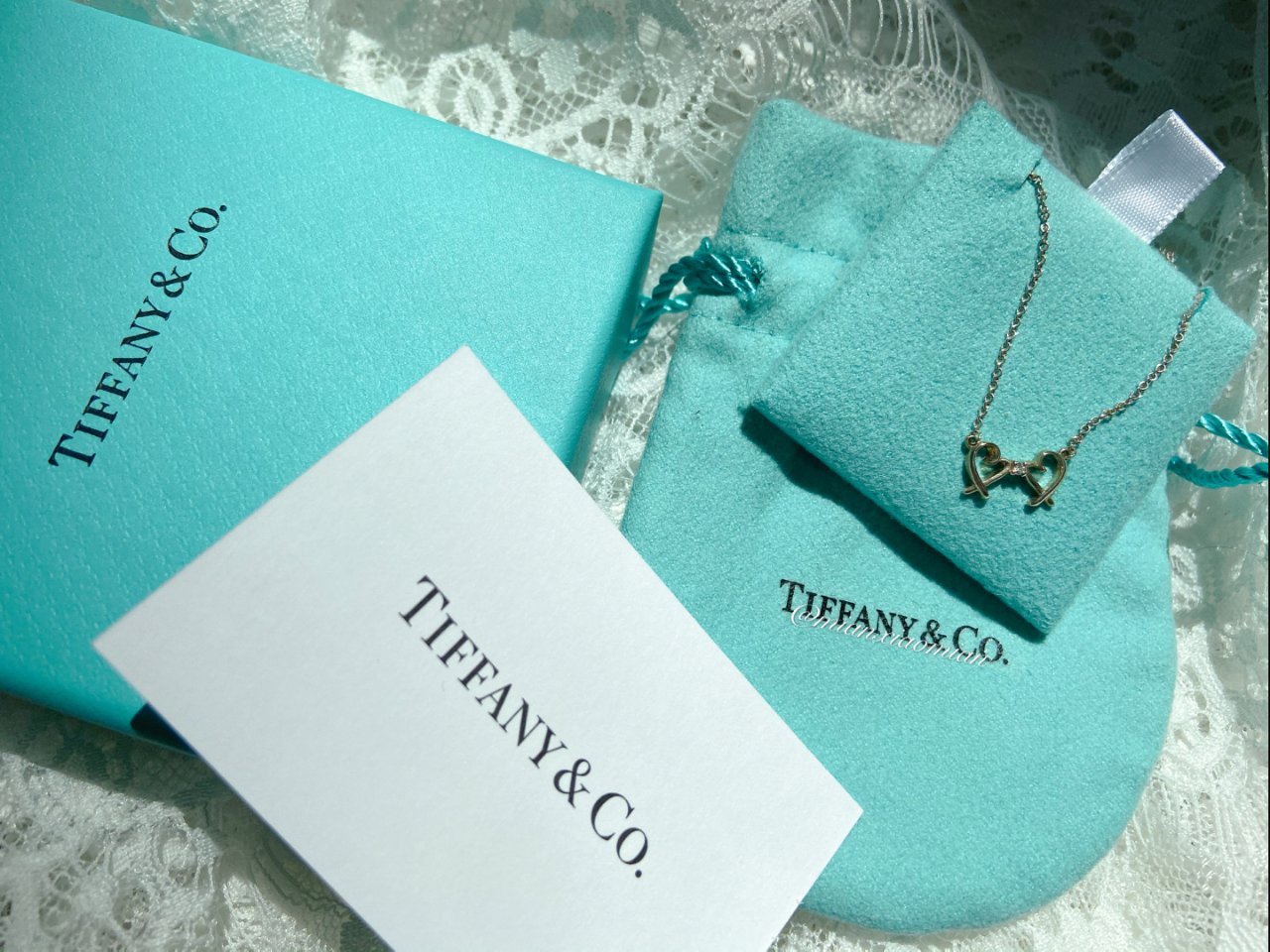 Tiffany家双心带钻超秀气锁骨链…...
