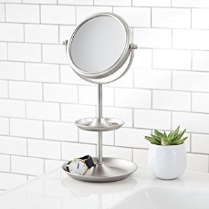 AmazonBasics Tabletop 5" Vanity Mirror with 1x/5x Magnfication and Accessory Shelves - Nickel