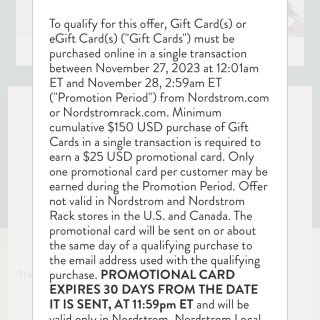 Nordstrom购买礼卡🈵️$150送...