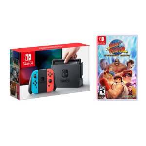 Nintendo Switch Neon Blue and Red Joy-Con + Street Fighter 30th