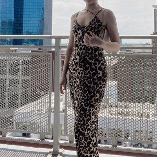 PRIMODA Women's Sexy Neon Asymmetrical Spaghetti Strap Dress Deep V-Neck Sleeveless Bodycon Midi Club Dress (Small, Leopard) : Clothing, Shoes & Jewelry