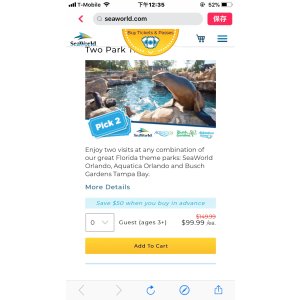 2for99.99 佛罗里达州主题公园门票 奥兰多海洋世界，奥兰多水上乐园