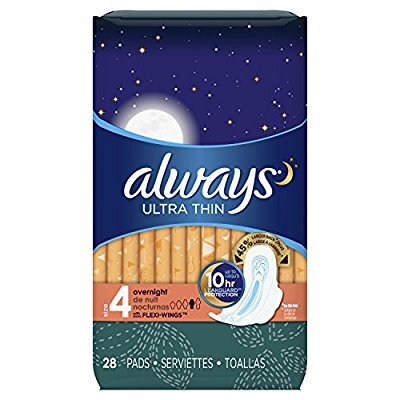 Always Ultra Thin Size 4, Overnight Feminine Pads with Wings, Unscented, 28 count - Pack of 3 (84 Total Count)