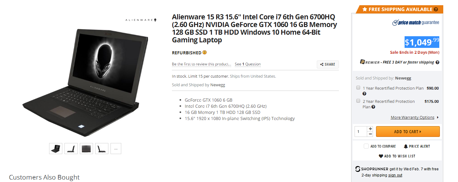 Alienware 15 R3 15.6寸笔记本电脑 翻新机