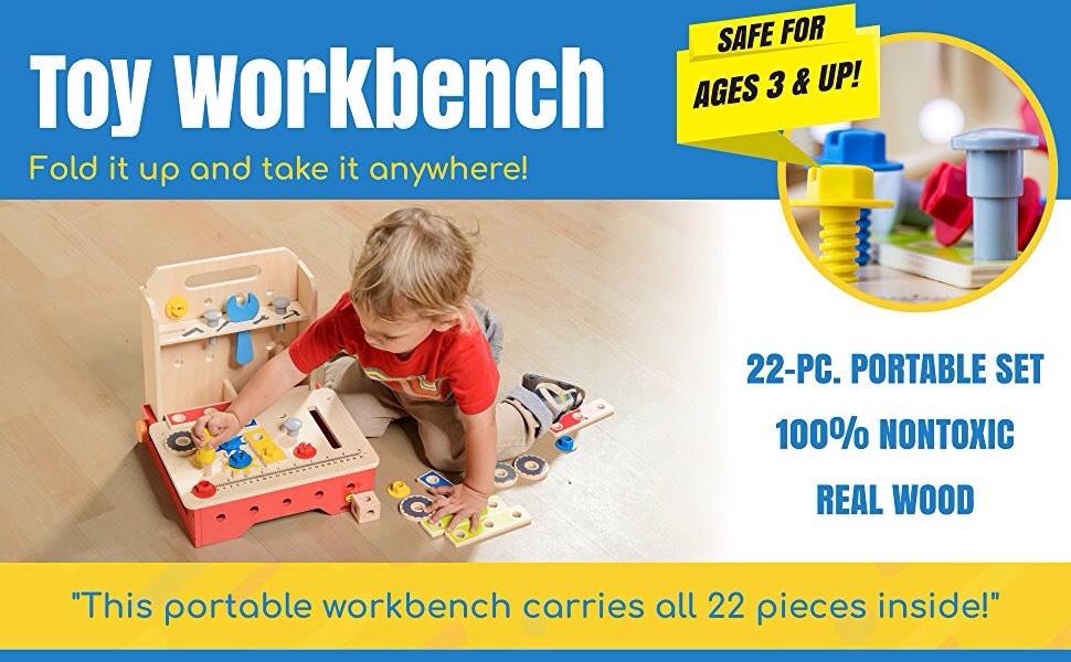 Toy Workbench and Toddler Tool Set - 29 Piece Foldable Wood Kids Tool Bench with Assorted Kids Workbench Tool Toys 儿童工作台