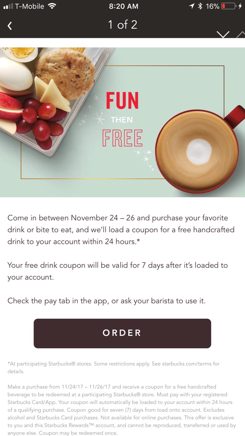 Starbucks 买一送一 活动