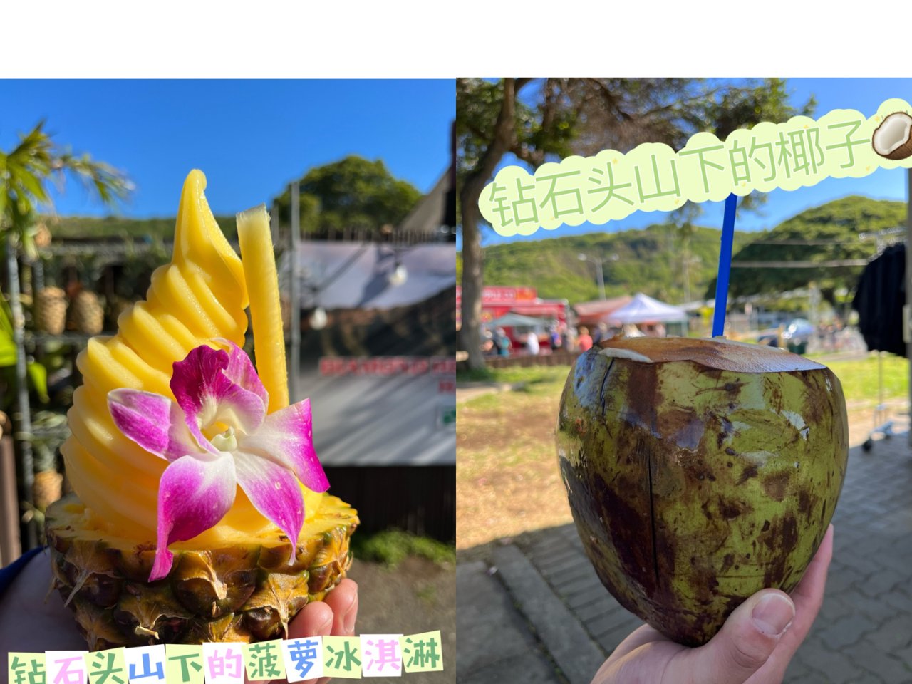 夏威夷钻石头山下的菠萝冰淇淋🍍和椰子🥥...